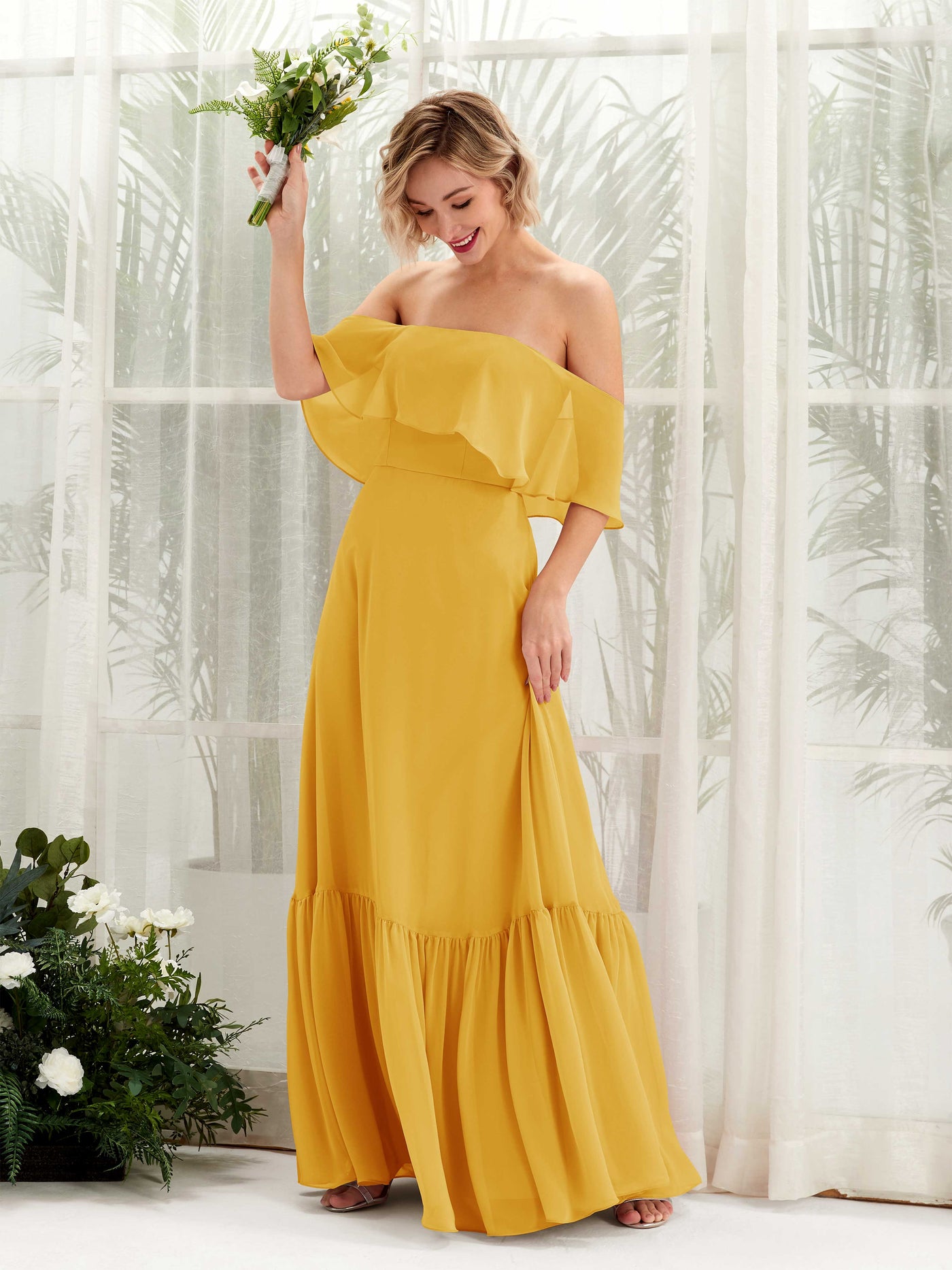 Carlyna A-Linie Carmen Bodenlang Chiffon Brautjungfernkleider Senfgelb #farbe_senfgelb