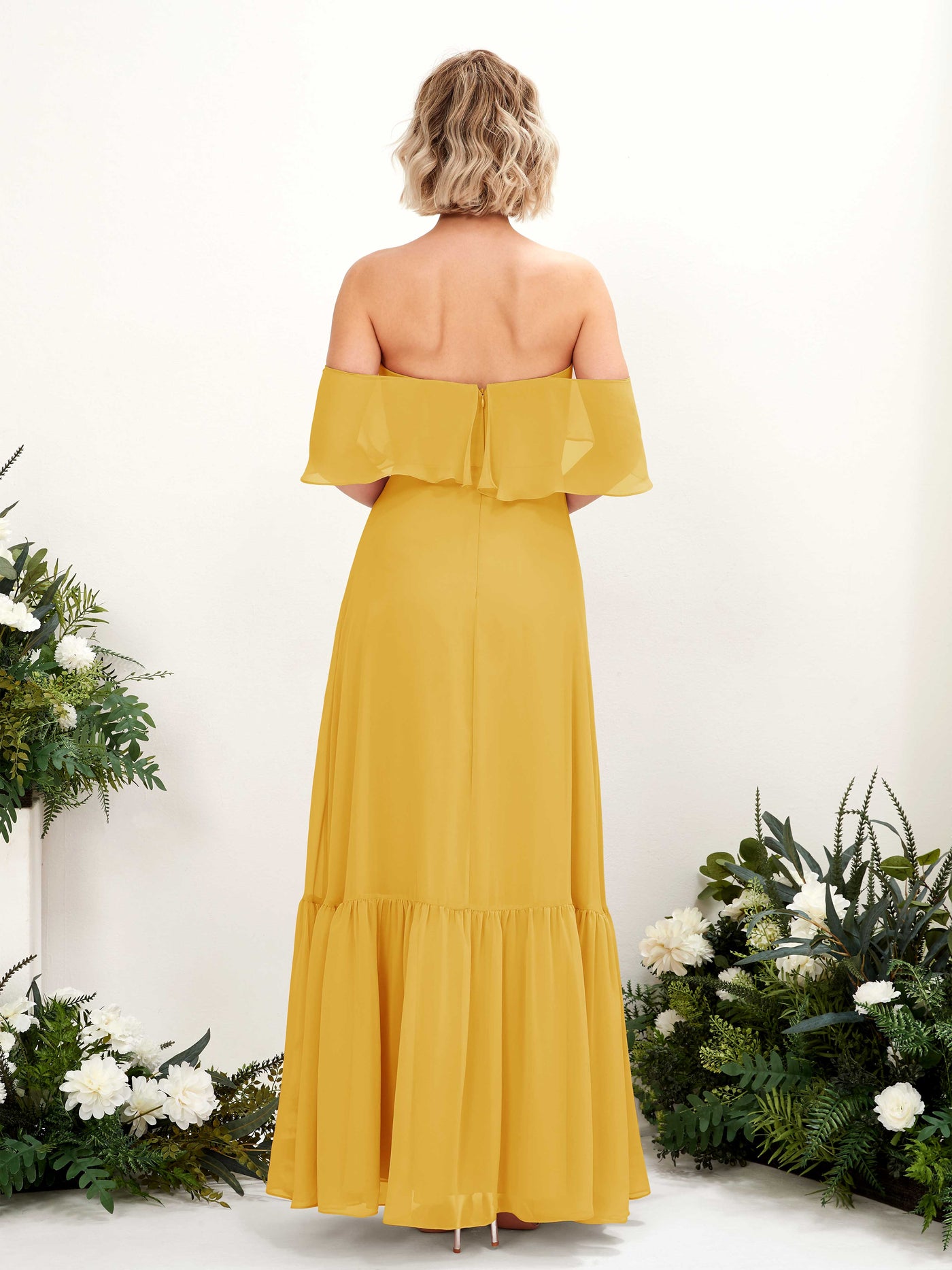 Carlyna A-Linie Carmen Bodenlang Chiffon Brautjungfernkleider Senfgelb #farbe_senfgelb