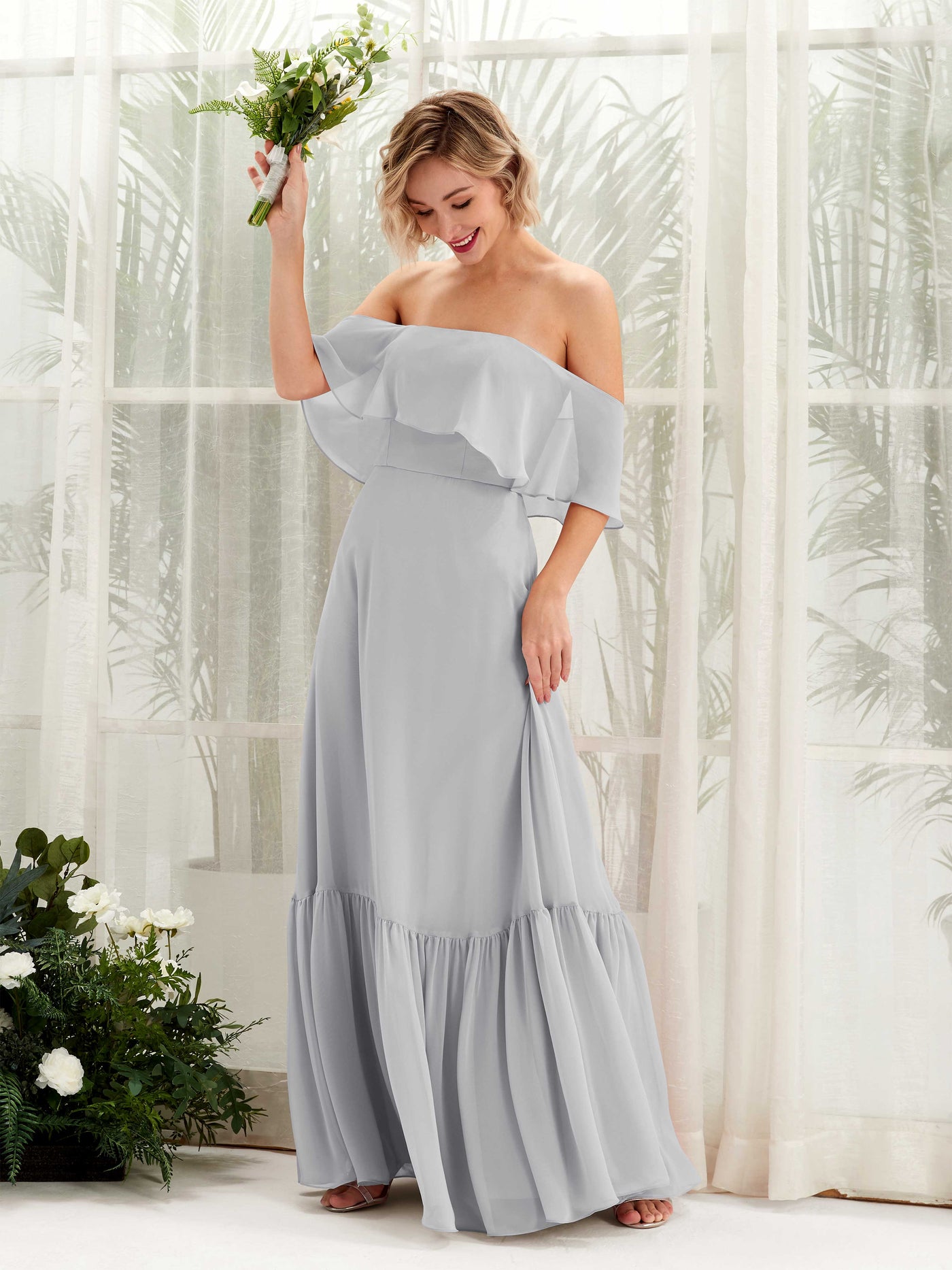Carlyna A-Linie Carmen Bodenlang Chiffon Brautjungfernkleider Silber #farbe_silber