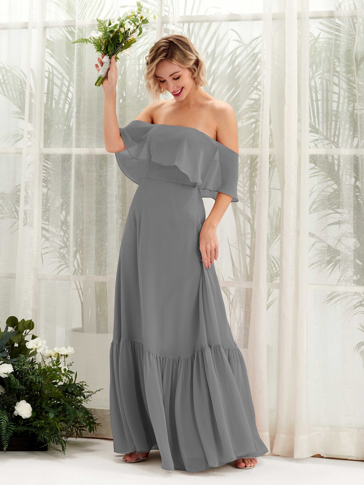 Carlyna A-Linie Carmen Bodenlang Chiffon Brautjungfernkleider Stahlgrau #farbe_stahlgrau
