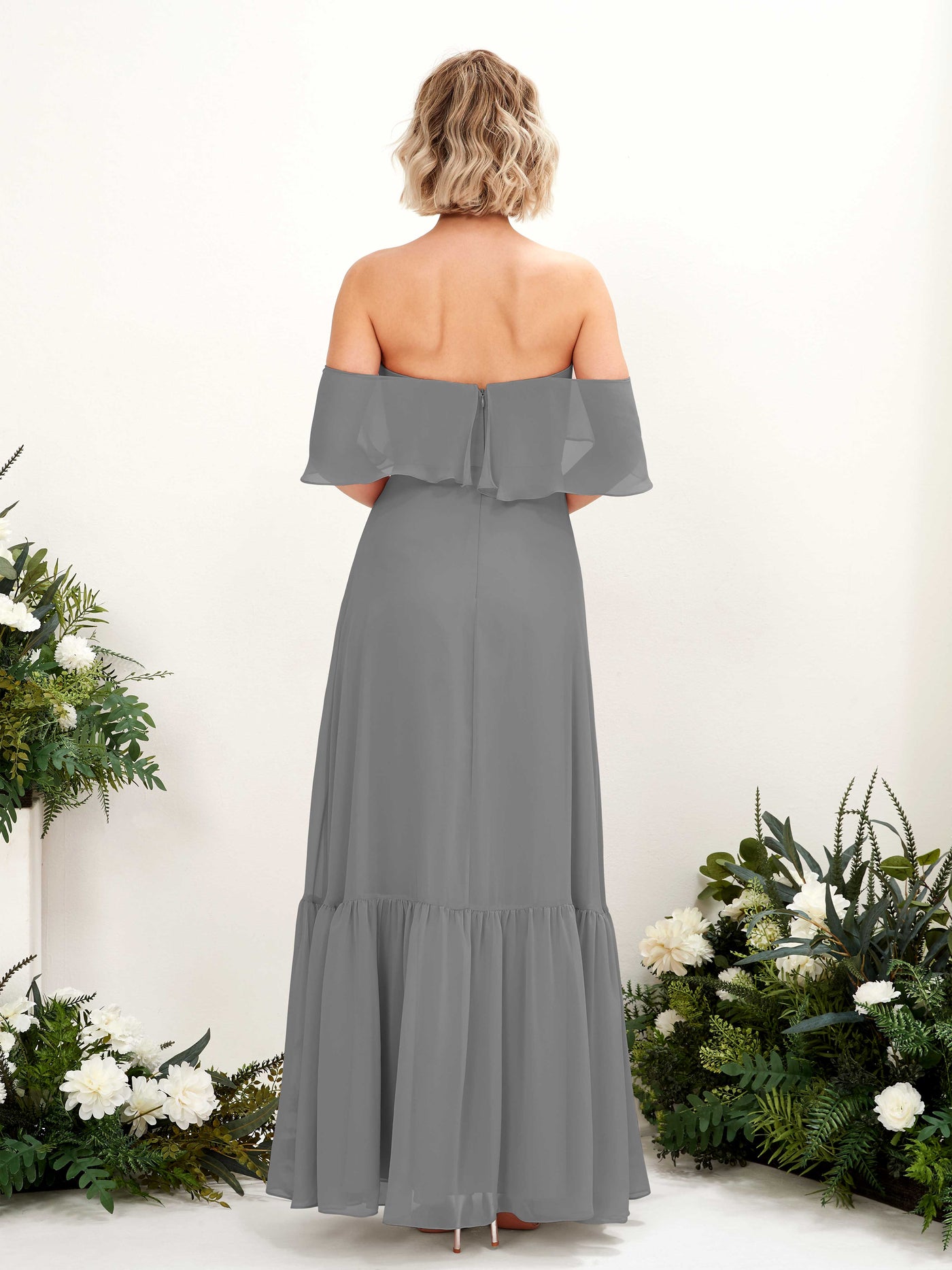 Carlyna A-Linie Carmen Bodenlang Chiffon Brautjungfernkleider Stahlgrau #farbe_stahlgrau