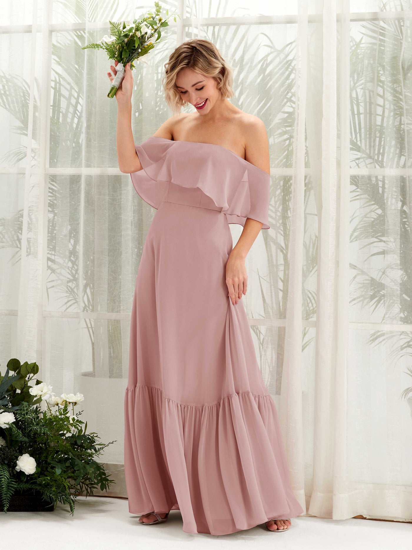 Carlyna A-Linie Carmen Bodenlang Chiffon Brautjungfernkleider Staubige Rose #farbe_staubige-rose