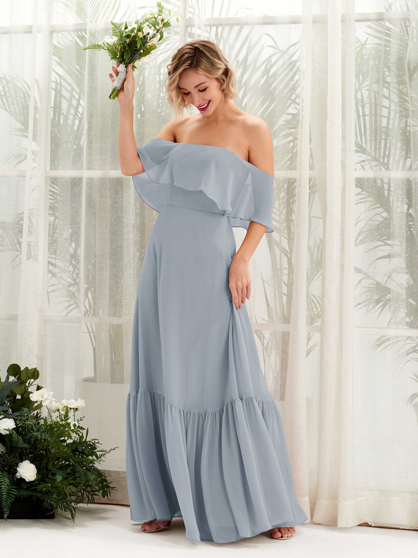 Carlyna A-Linie Carmen Bodenlang Chiffon Brautjungfernkleider Staubiges Blau-Upgrade #farbe_staubiges-blau-upgrade
