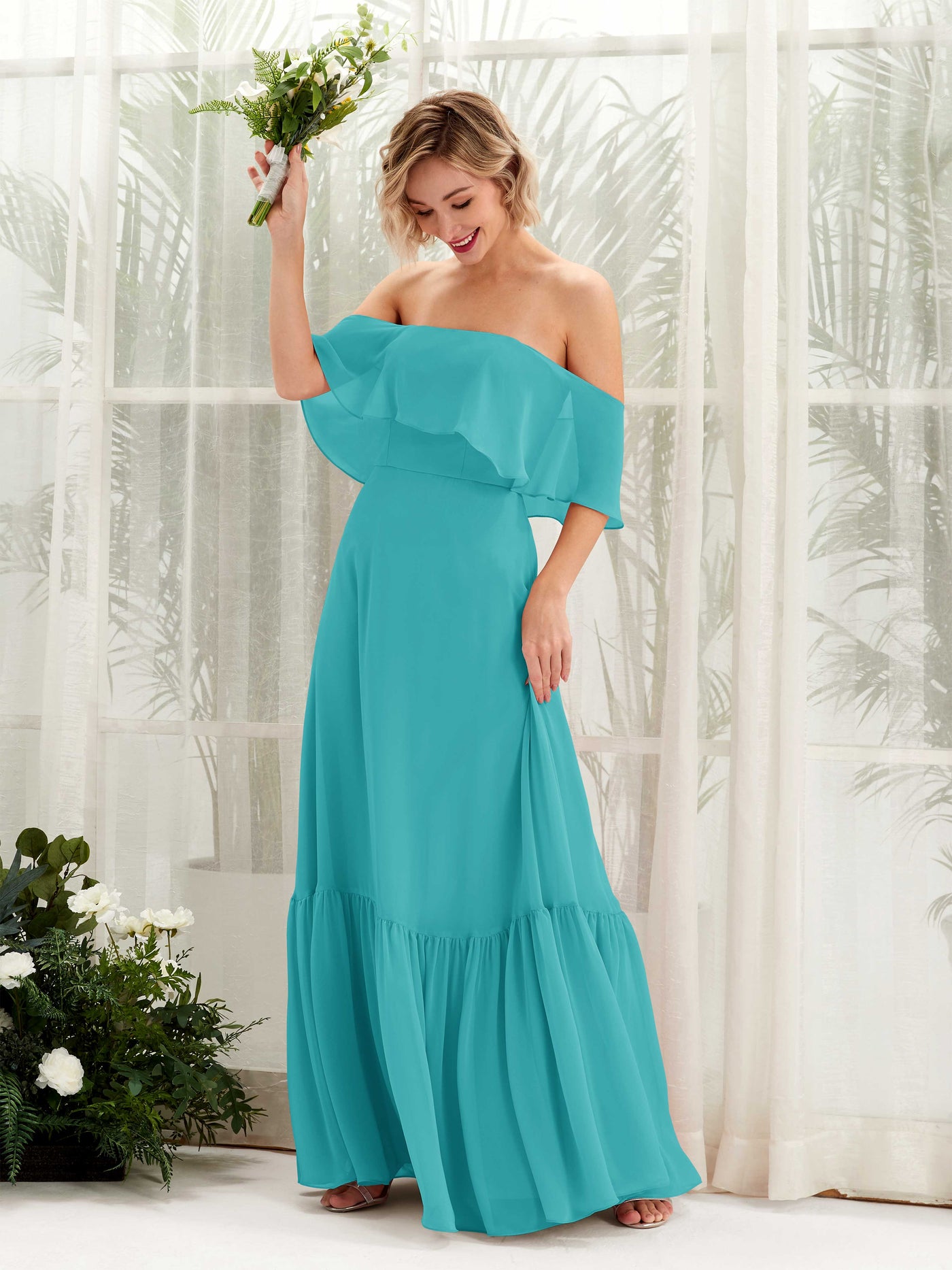 Carlyna A-Linie Carmen Bodenlang Chiffon Brautjungfernkleider Türkis #farbe_t-rkis