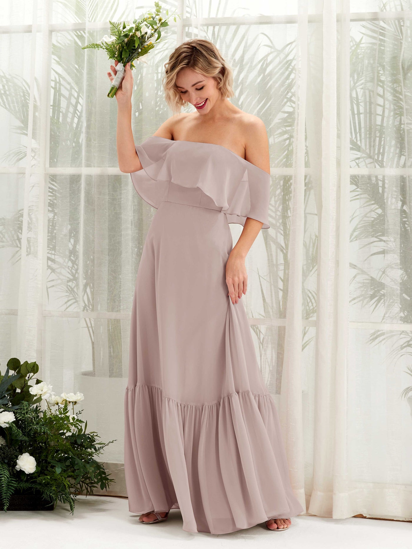 Carlyna A-Linie Carmen Bodenlang Chiffon Brautjungfernkleider Taupe #farbe_taupe