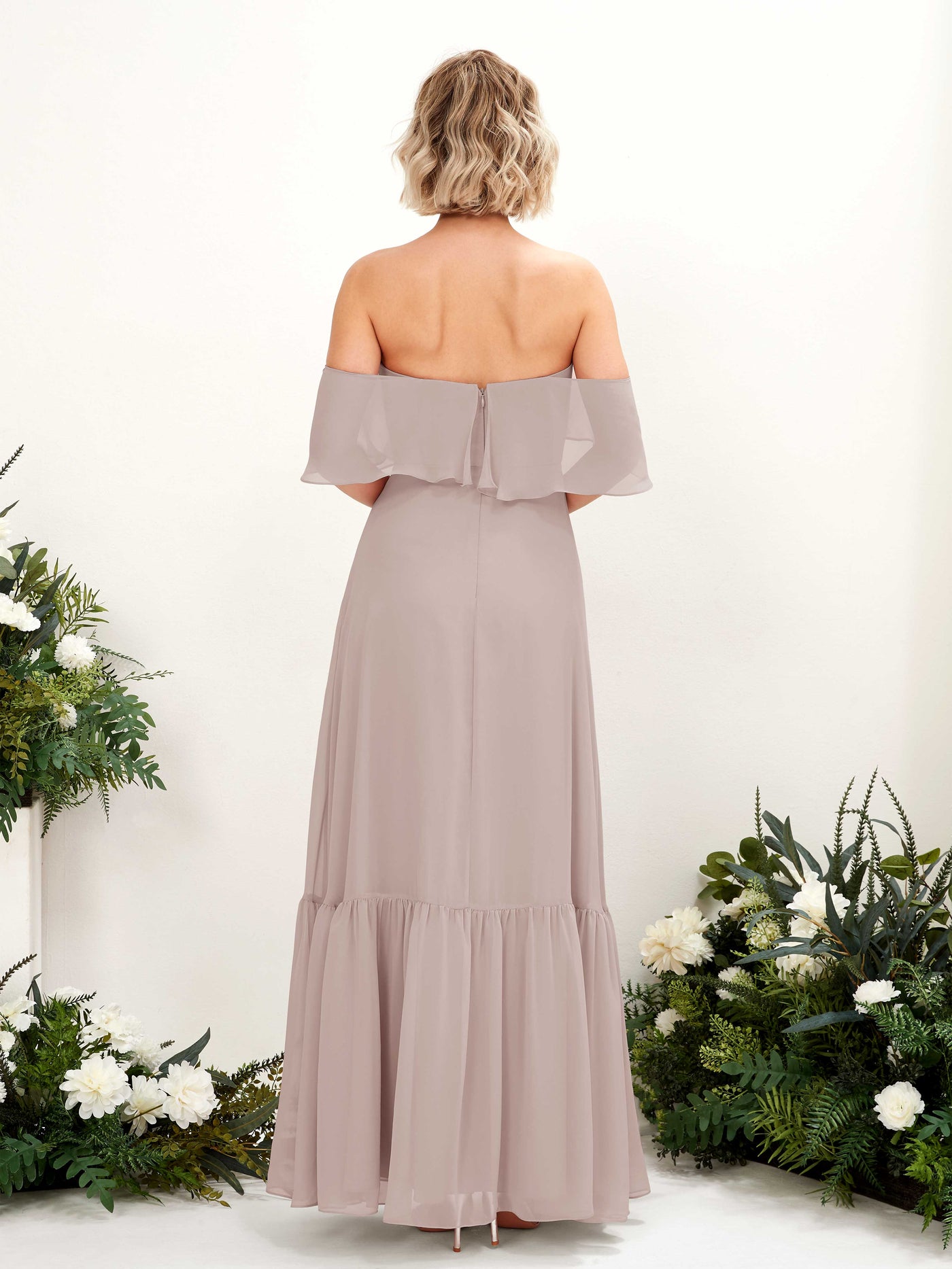Carlyna A-Linie Carmen Bodenlang Chiffon Brautjungfernkleider Taupe #farbe_taupe