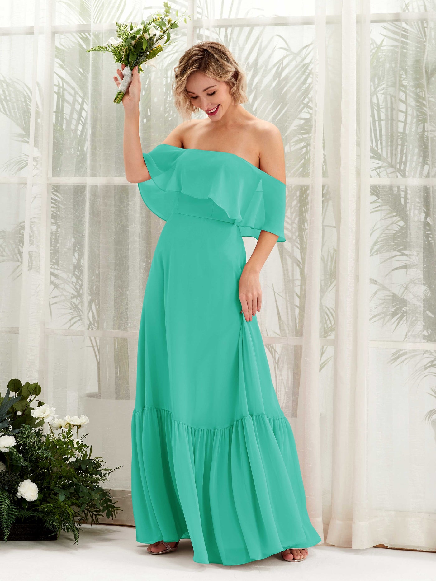Carlyna A-Linie Carmen Bodenlang Chiffon Brautjungfernkleider Tiffany-Blau #farbe_tiffany-blau