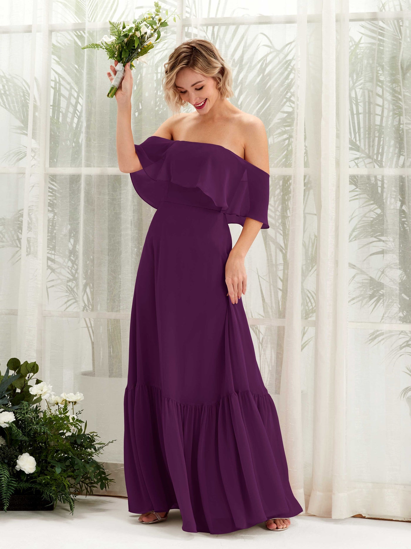 Carlyna A-Linie Carmen Bodenlang Chiffon Brautjungfernkleider Traube #farbe_traube