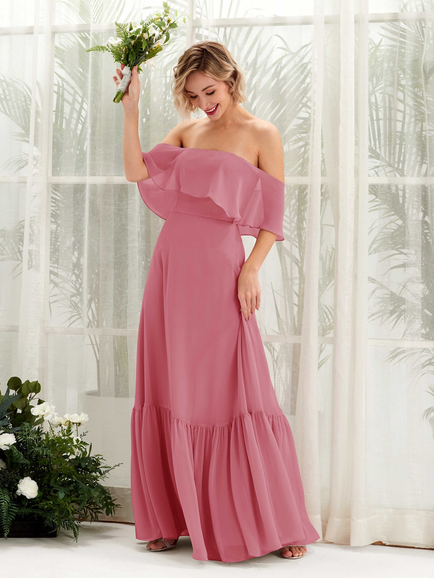 Carlyna A-Linie Carmen Bodenlang Chiffon Brautjungfernkleider Wüstenrose #farbe_w-stenrose