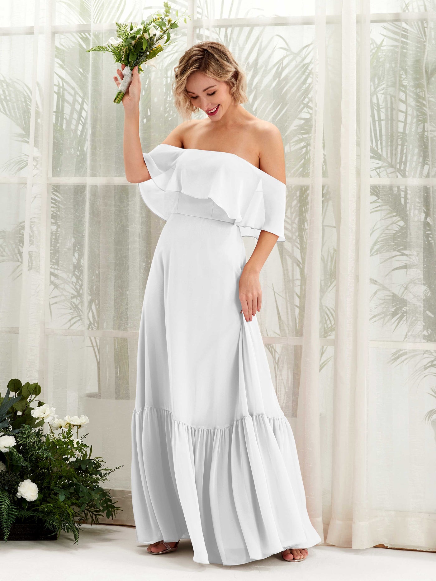 Carlyna A-Linie Carmen Bodenlang Chiffon Brautjungfernkleider Weiß #farbe_wei