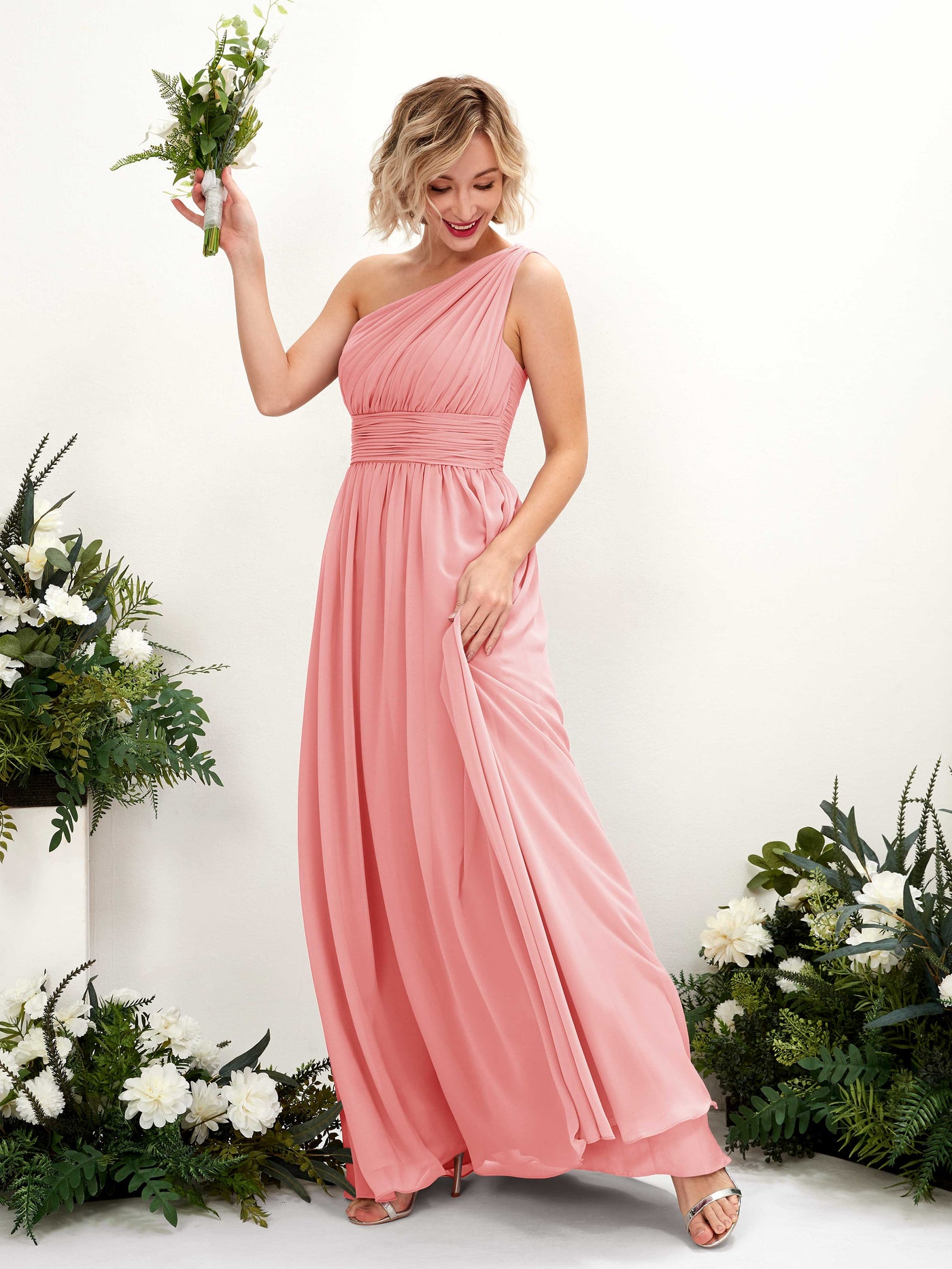 Carlyna A-Linie Geraffte One-Shoulder Chiffon Bodenlanges Brautjungfernkleid Ballettrosa #farbe_ballettrosa