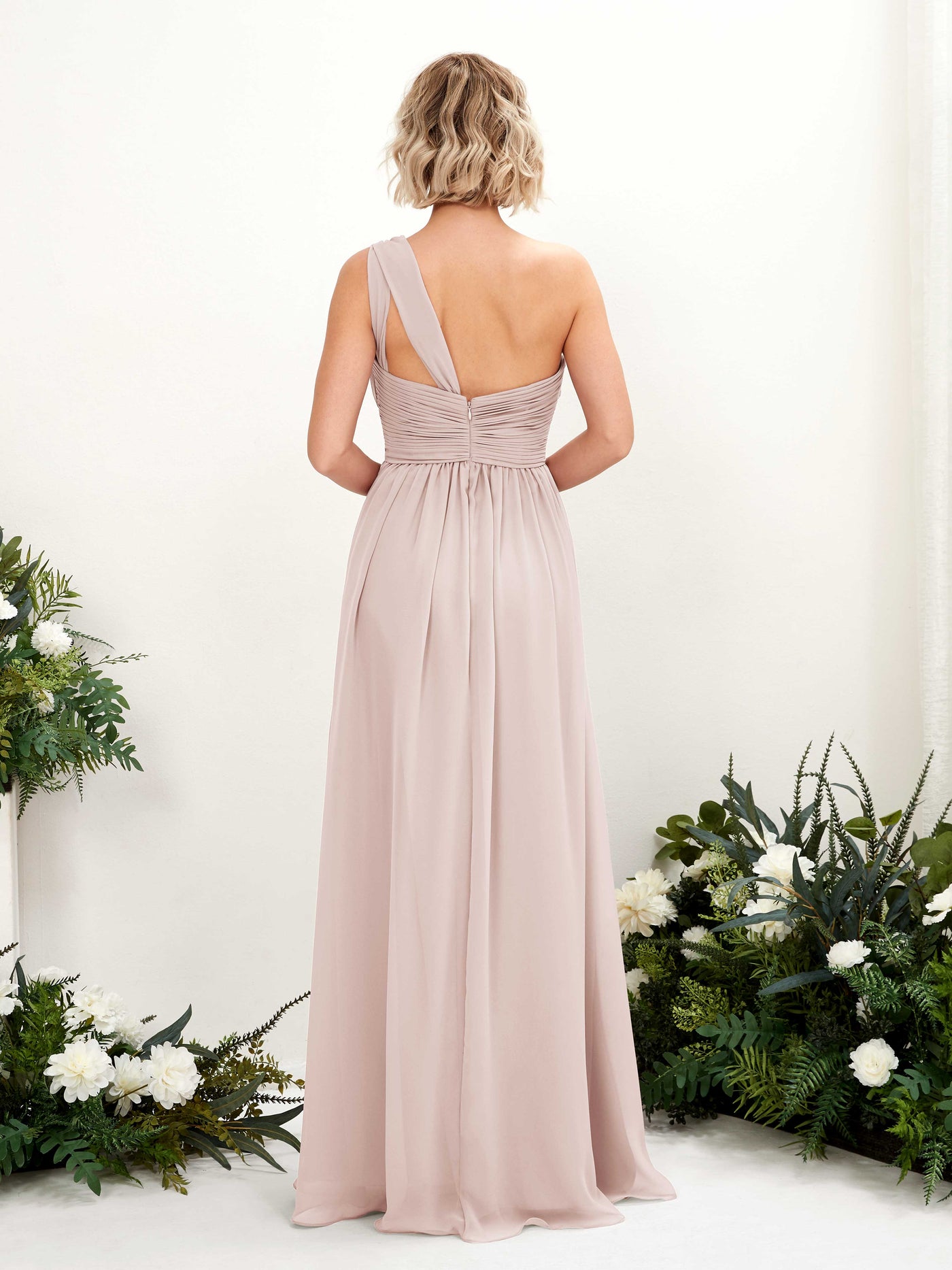 Carlyna A-Linie Geraffte One-Shoulder Chiffon Bodenlanges Brautjungfernkleid Biscotti #farbe_biscotti