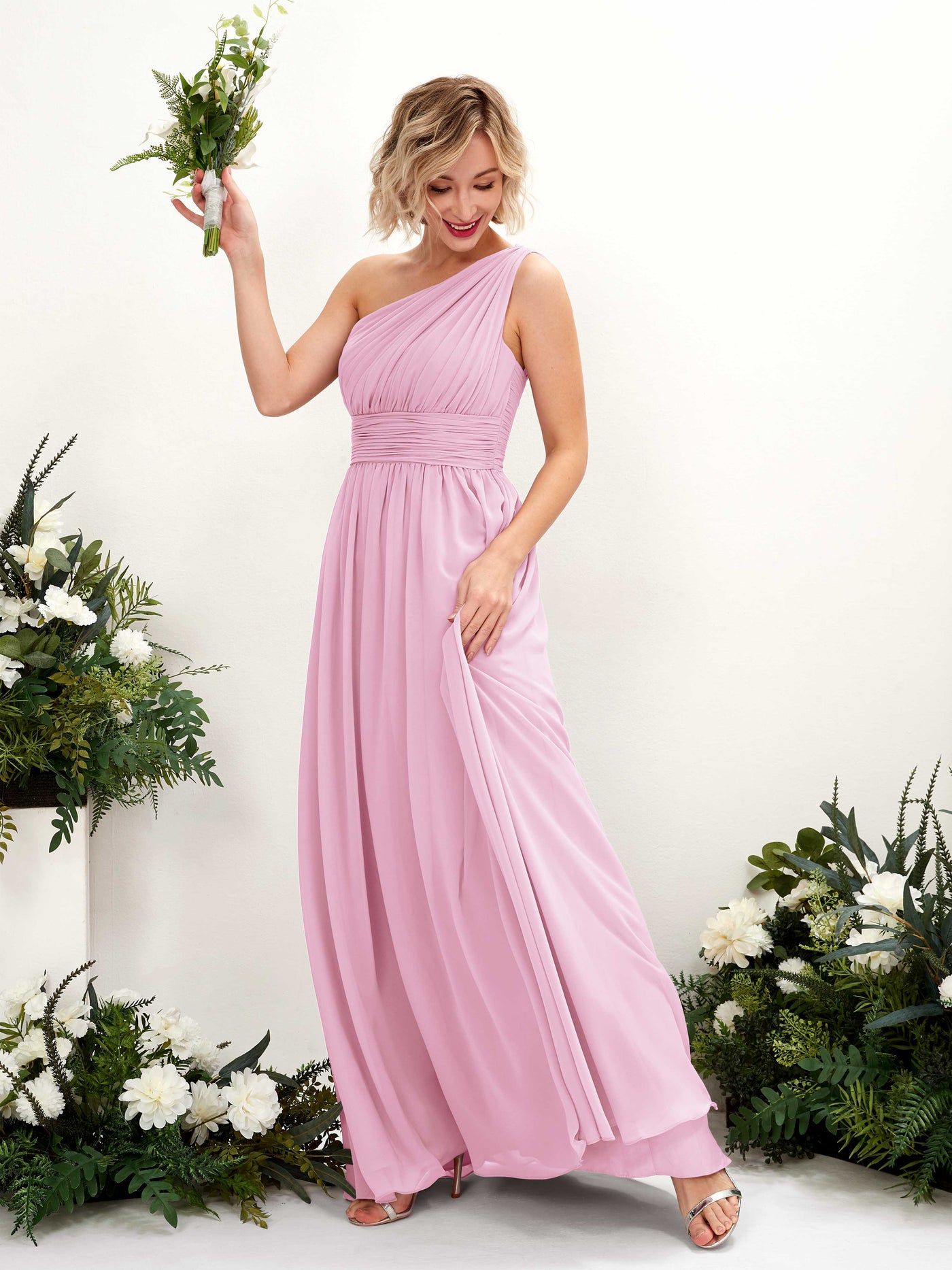 Carlyna A-Linie Geraffte One-Shoulder Chiffon Bodenlanges Brautjungfernkleid Bonbonrosa #farbe_bonbonrosa