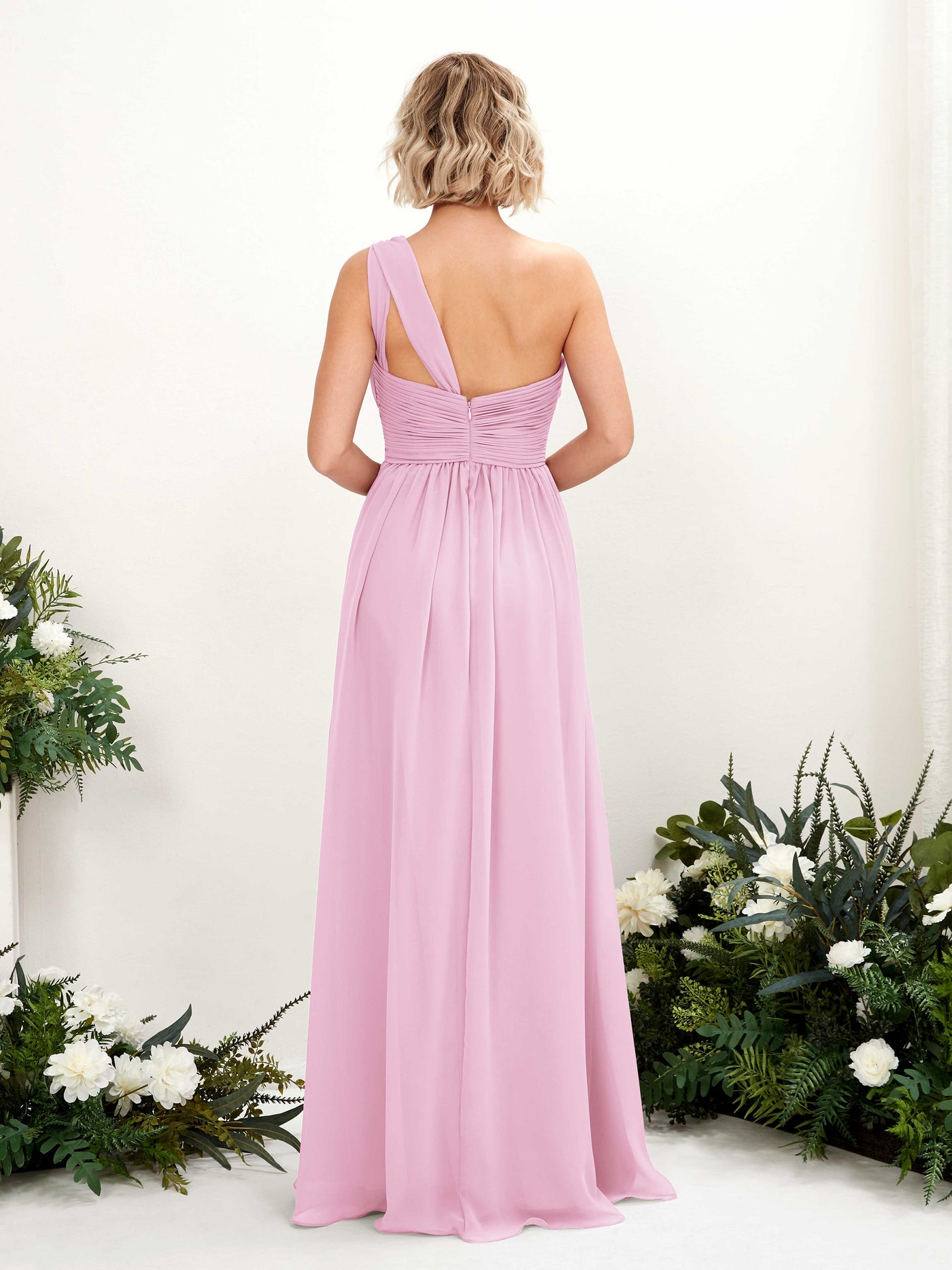 Carlyna A-Linie Geraffte One-Shoulder Chiffon Bodenlanges Brautjungfernkleid Bonbonrosa #farbe_bonbonrosa