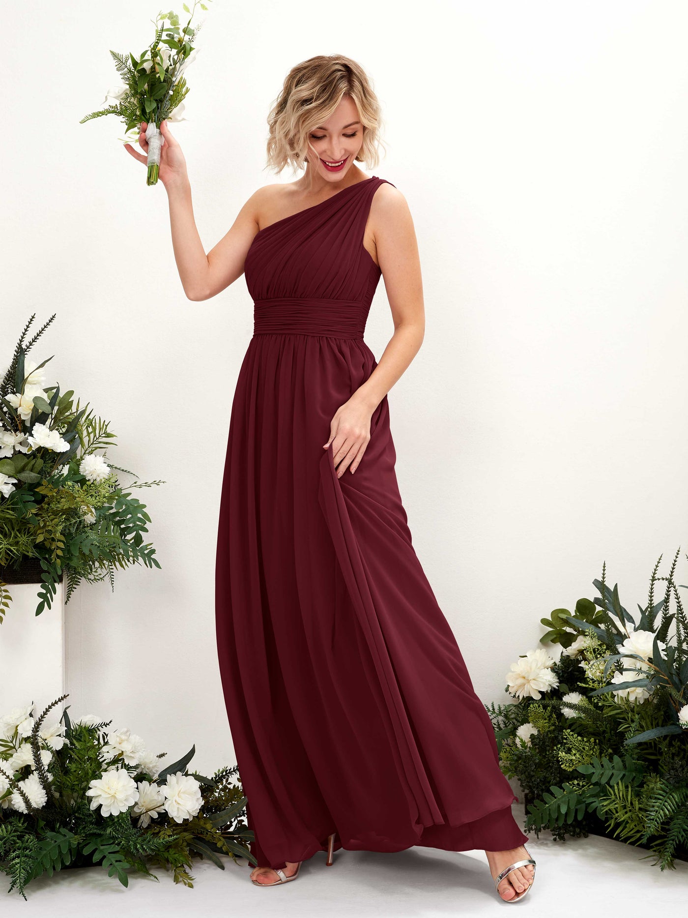 Carlyna A-Linie Geraffte One-Shoulder Chiffon Bodenlanges Brautjungfernkleid Burgunderrot #farbe_burgunderrot