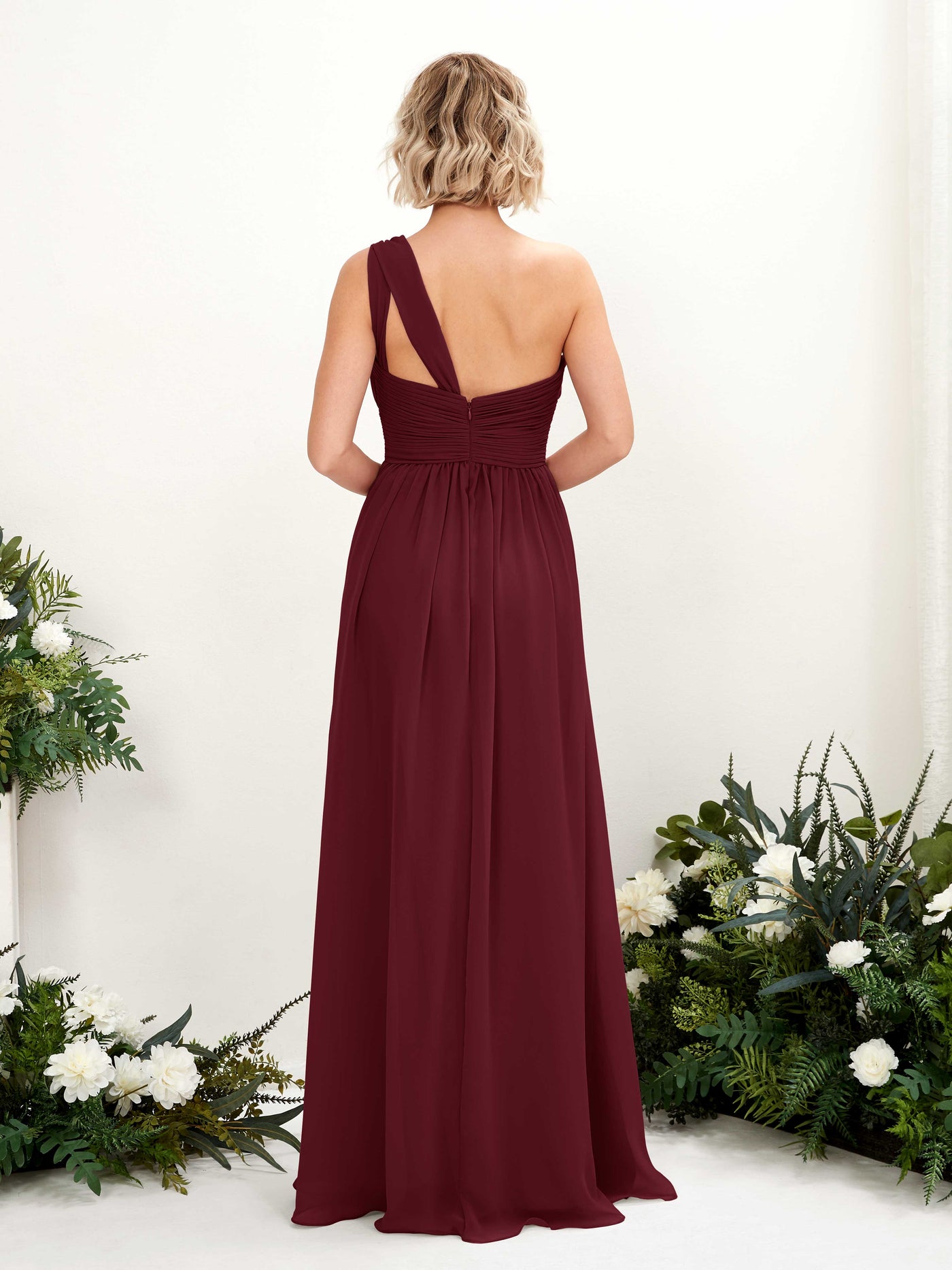 Carlyna A-Linie Geraffte One-Shoulder Chiffon Bodenlanges Brautjungfernkleid Burgunderrot #farbe_burgunderrot