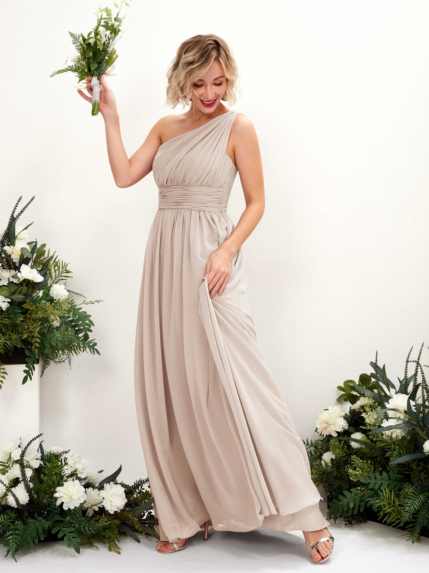 Carlyna A-Linie Geraffte One-Shoulder Chiffon Bodenlanges Brautjungfernkleid Champagner #farbe_champagner