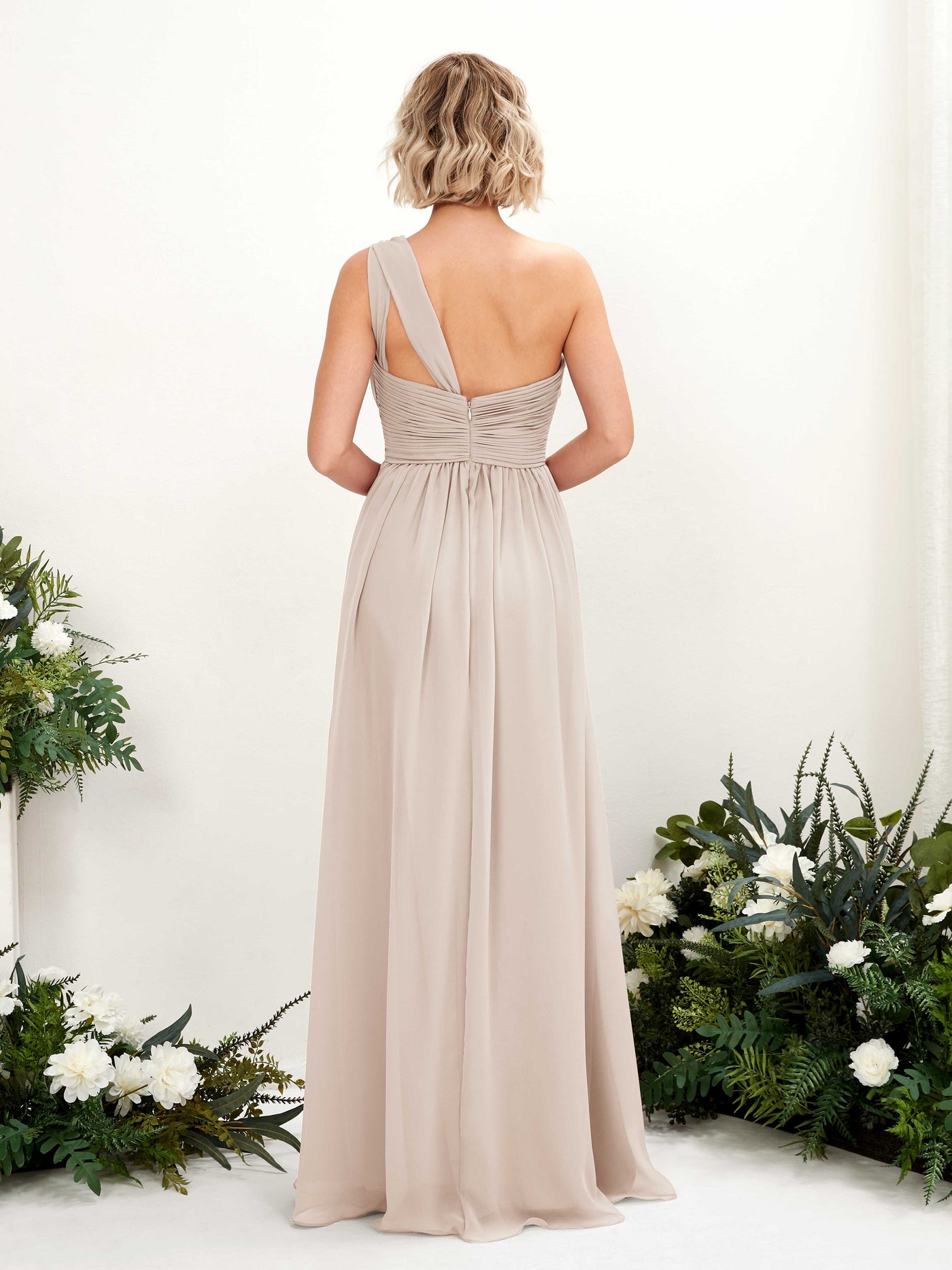 Carlyna A-Linie Geraffte One-Shoulder Chiffon Bodenlanges Brautjungfernkleid Champagner #farbe_champagner