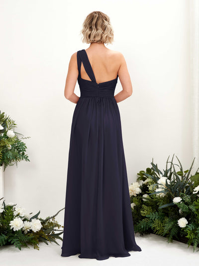 Carlyna A-Linie Geraffte One-Shoulder Chiffon Bodenlanges Brautjungfernkleid Dunkel Marineblau #farbe_dunkel-marineblau