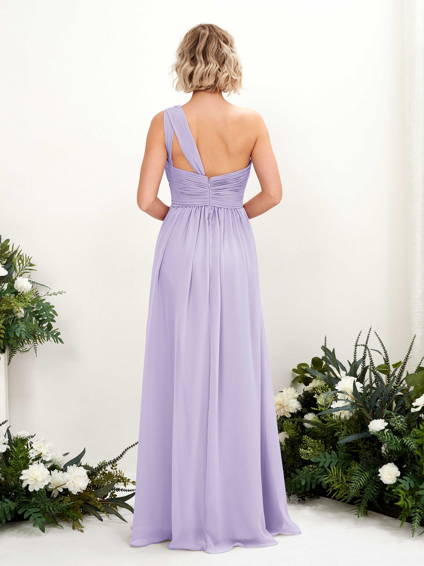 Carlyna A-Linie Geraffte One-Shoulder Chiffon Bodenlanges Brautjungfernkleid Flieder #farbe_flieder