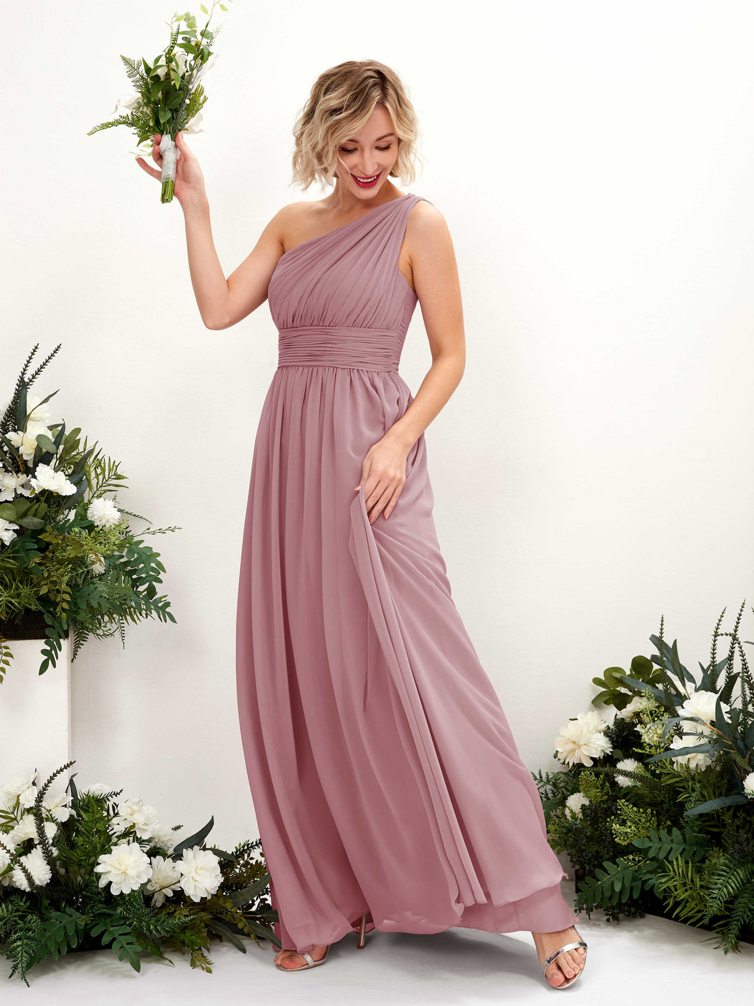 Carlyna A-Linie Geraffte One-Shoulder Chiffon Bodenlanges Brautjungfernkleid Klassisch Mauve 