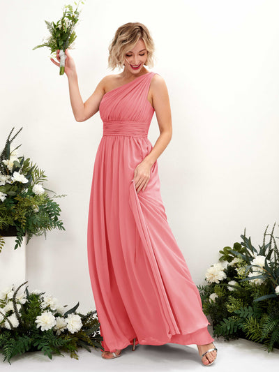 Carlyna A-Linie Geraffte One-Shoulder Chiffon Bodenlanges Brautjungfernkleid Korallenrosa #farbe_korallenrosa