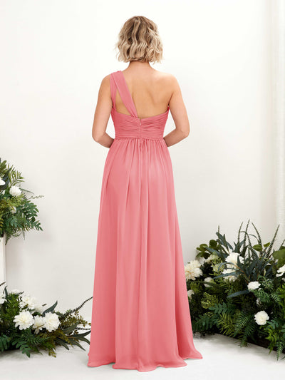 Carlyna A-Linie Geraffte One-Shoulder Chiffon Bodenlanges Brautjungfernkleid Korallenrosa #farbe_korallenrosa