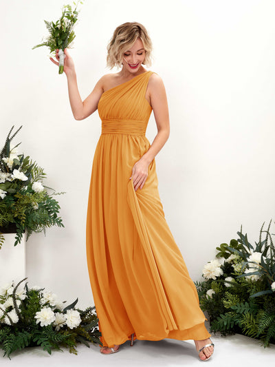 Carlyna A-Linie Geraffte One-Shoulder Chiffon Bodenlanges Brautjungfernkleid Mango #farbe_mango