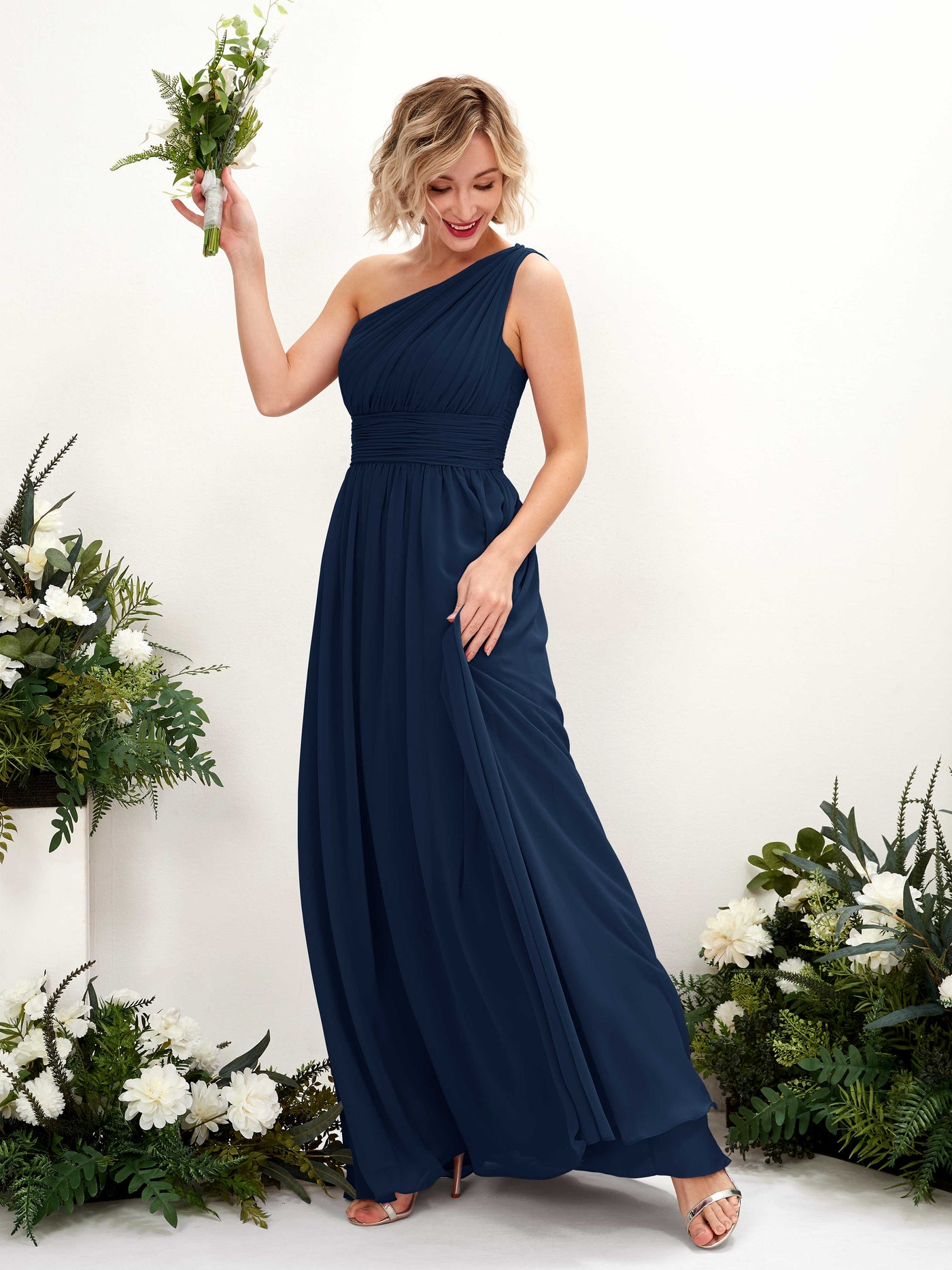 Carlyna A-Linie Geraffte One-Shoulder Chiffon Bodenlanges Brautjungfernkleid Marineblau #farbe_marineblau