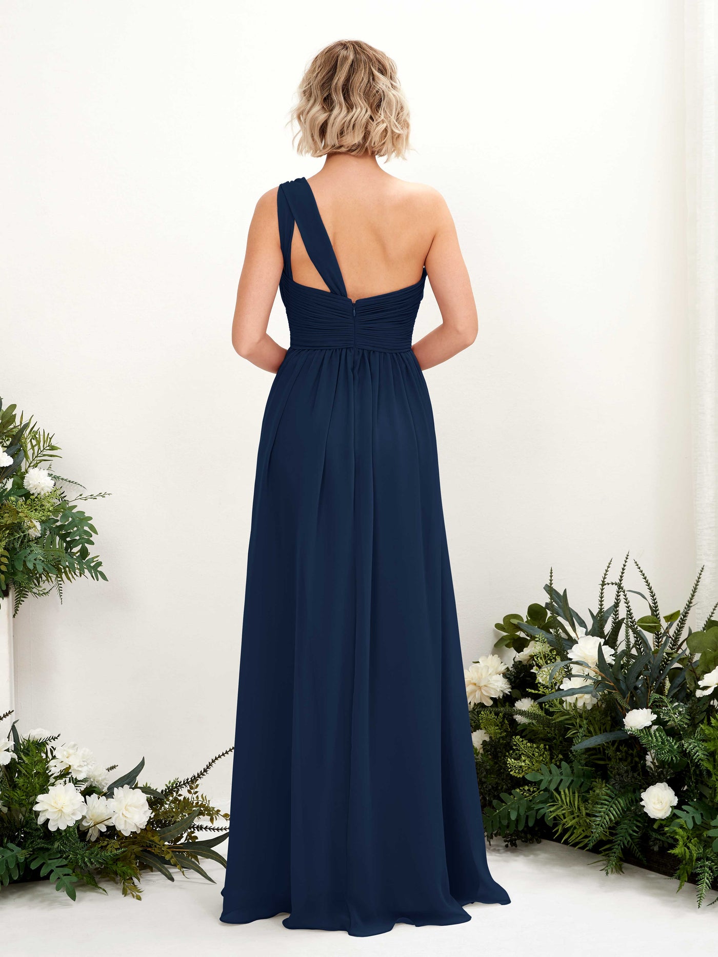 Carlyna A-Linie Geraffte One-Shoulder Chiffon Bodenlanges Brautjungfernkleid Marineblau #farbe_marineblau