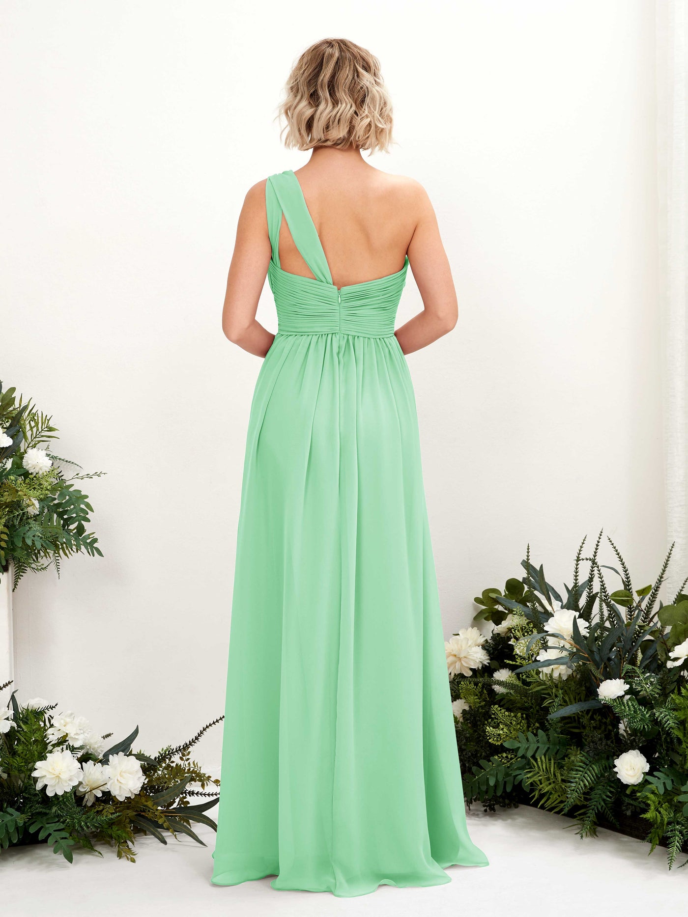 Carlyna A-Linie Geraffte One-Shoulder Chiffon Bodenlanges Brautjungfernkleid Minzgrün #farbe_minzgr-n