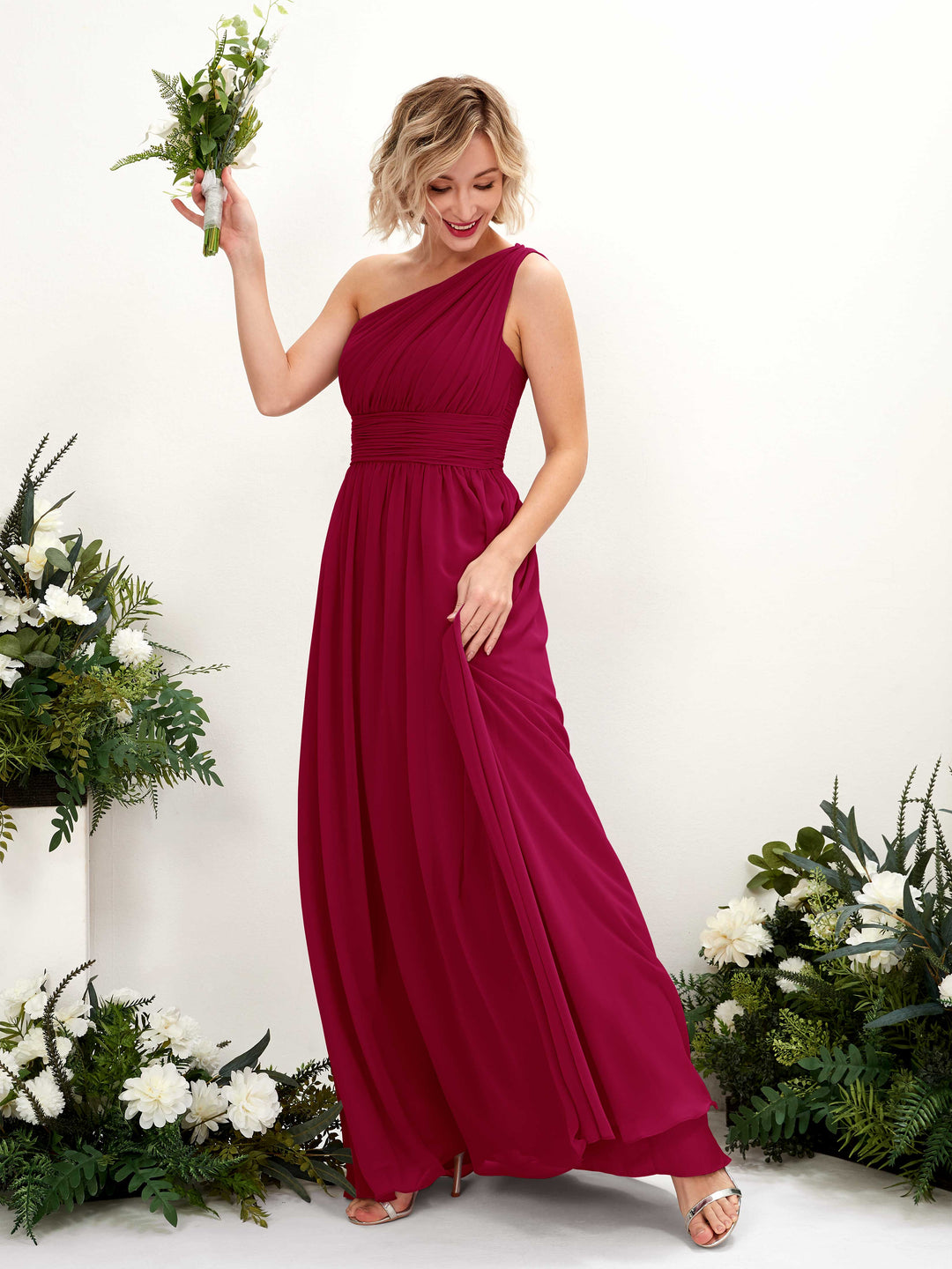 Carlyna A-Linie Geraffte One-Shoulder Chiffon Bodenlanges Brautjungfernkleid Narrenrot 