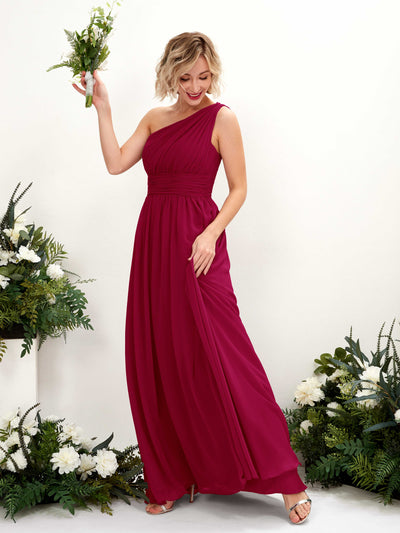 Carlyna A-Linie Geraffte One-Shoulder Chiffon Bodenlanges Brautjungfernkleid Narrenrot #farbe_narrenrot