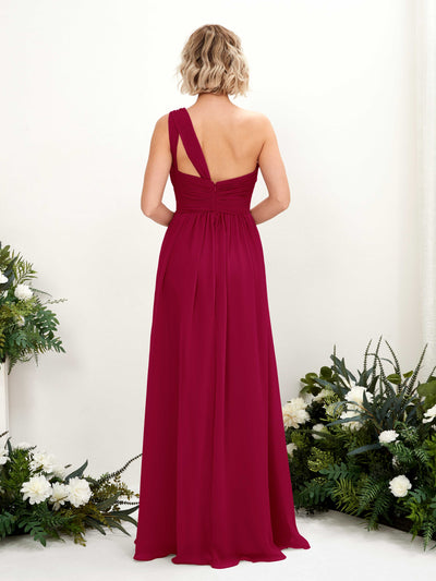 Carlyna A-Linie Geraffte One-Shoulder Chiffon Bodenlanges Brautjungfernkleid Narrenrot #farbe_narrenrot