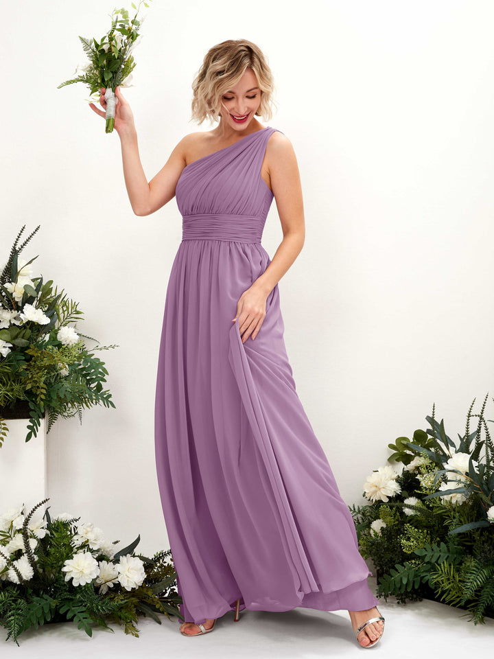 Carlyna A-Linie Geraffte One-Shoulder Chiffon Bodenlanges Brautjungfernkleid Orchideen-Nebel 