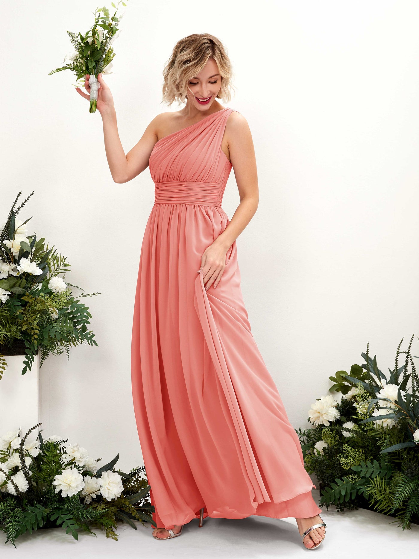 Carlyna A-Linie Geraffte One-Shoulder Chiffon Bodenlanges Brautjungfernkleid Pfirsichrosa #farbe_pfirsichrosa