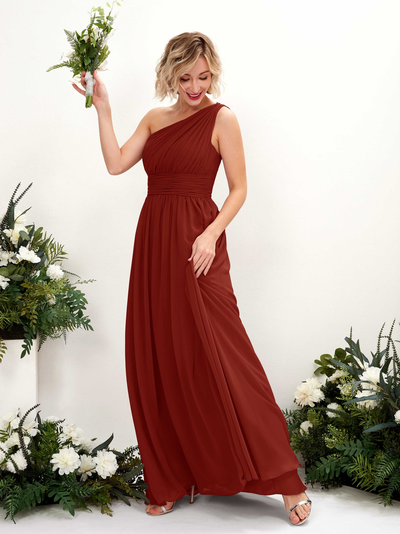 Carlyna A-Linie Geraffte One-Shoulder Chiffon Bodenlanges Brautjungfernkleid Rostrot #farbe_rostrot