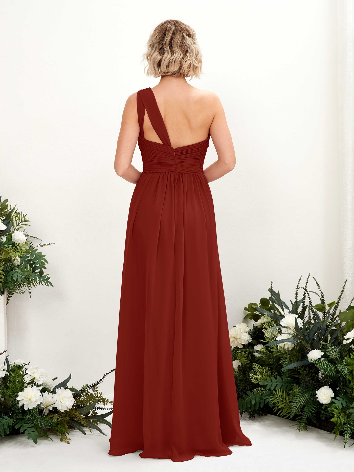 Carlyna A-Linie Geraffte One-Shoulder Chiffon Bodenlanges Brautjungfernkleid Rostrot #farbe_rostrot