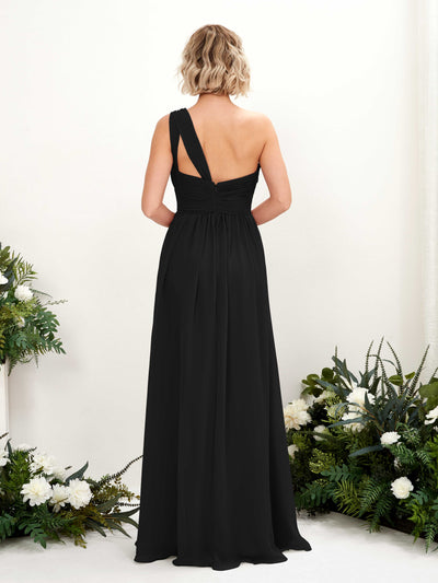 Carlyna A-Linie Geraffte One-Shoulder Chiffon Bodenlanges Brautjungfernkleid Schwarz #farbe_schwarz