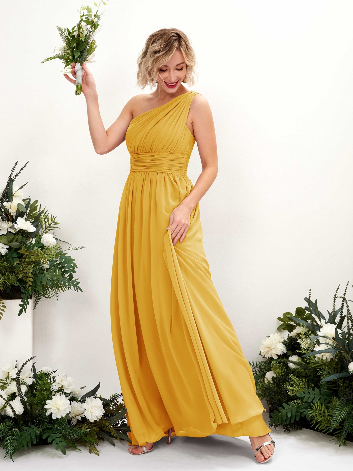 Carlyna A-Linie Geraffte One-Shoulder Chiffon Bodenlanges Brautjungfernkleid Senfgelb #farbe_senfgelb