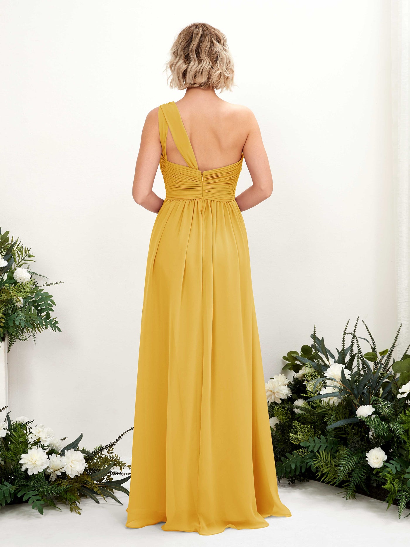 Carlyna A-Linie Geraffte One-Shoulder Chiffon Bodenlanges Brautjungfernkleid Senfgelb #farbe_senfgelb