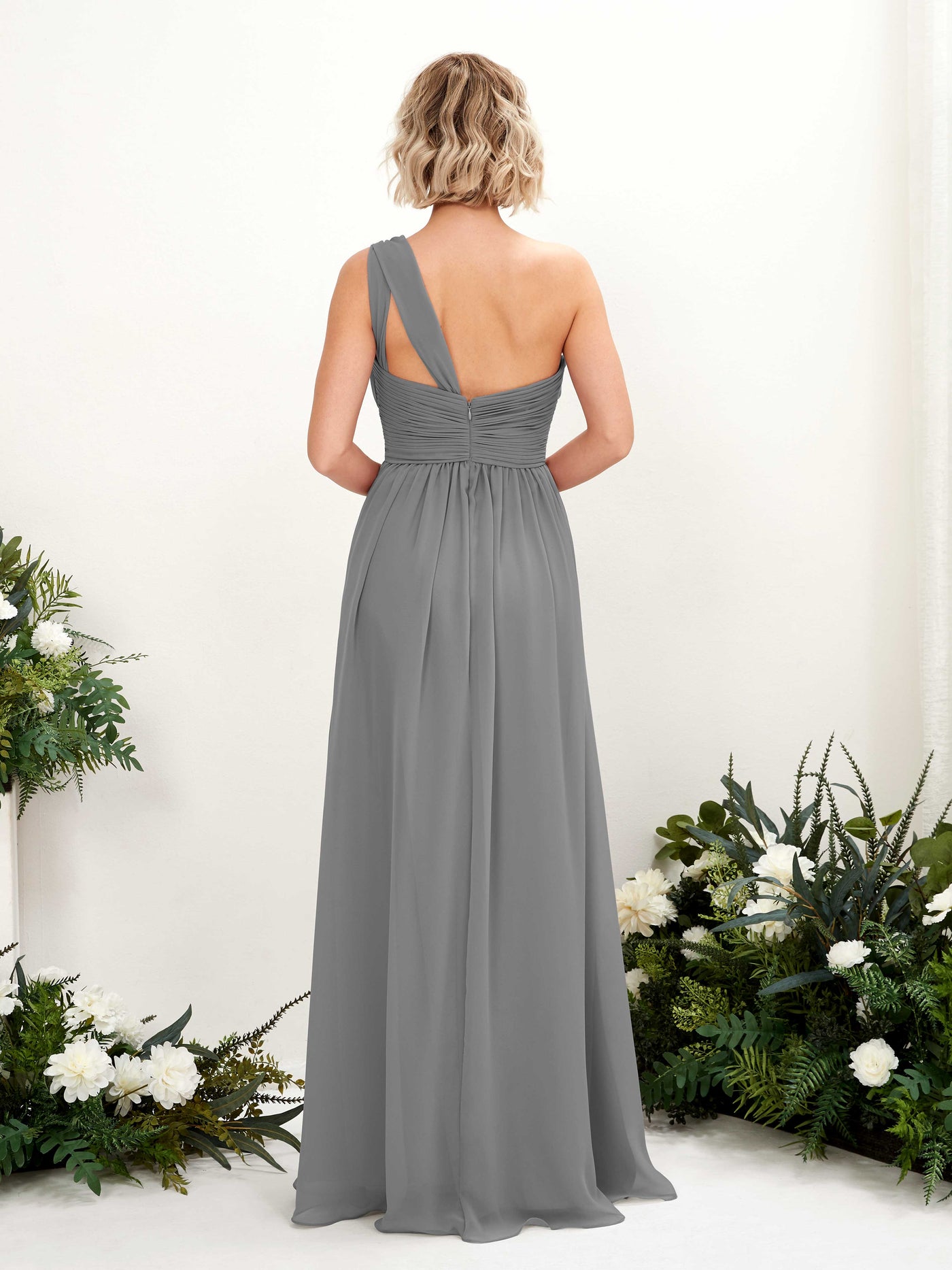 Carlyna A-Linie Geraffte One-Shoulder Chiffon Bodenlanges Brautjungfernkleid Stahlgrau #farbe_stahlgrau