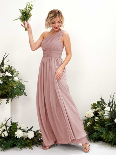 Carlyna A-Linie Geraffte One-Shoulder Chiffon Bodenlanges Brautjungfernkleid Staubige Rose #farbe_staubige-rose
