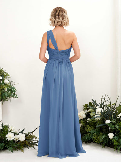 Carlyna A-Linie Geraffte One-Shoulder Chiffon Bodenlanges Brautjungfernkleid Staubiges Blau #farbe_staubiges-blau