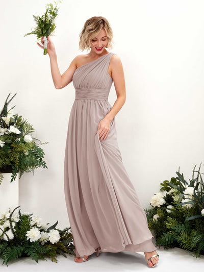 Carlyna A-Linie Geraffte One-Shoulder Chiffon Bodenlanges Brautjungfernkleid Taupe #farbe_taupe