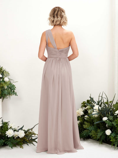 Carlyna A-Linie Geraffte One-Shoulder Chiffon Bodenlanges Brautjungfernkleid Taupe #farbe_taupe