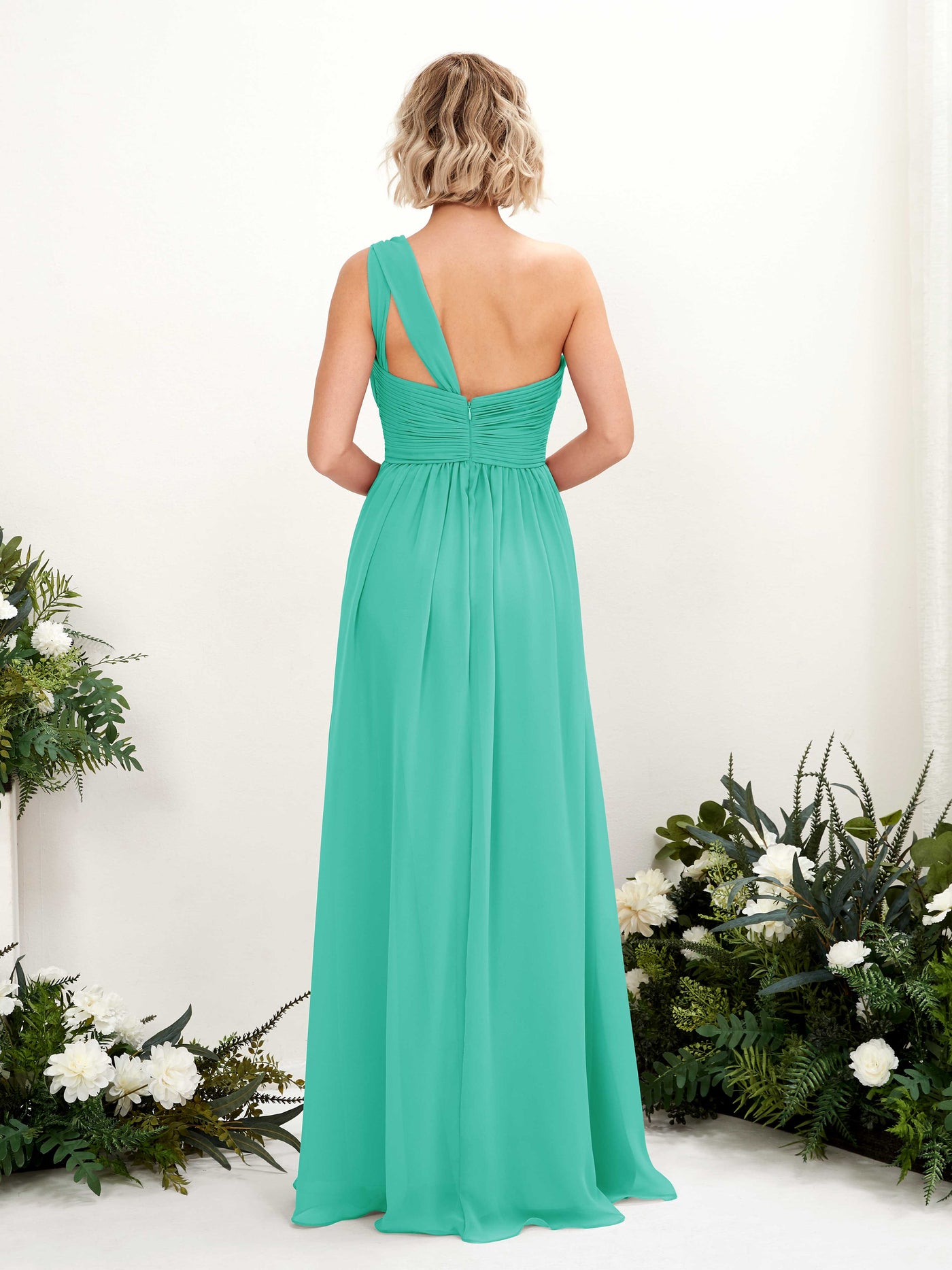 Carlyna A-Linie Geraffte One-Shoulder Chiffon Bodenlanges Brautjungfernkleid Tiffany-Blau #farbe_tiffany-blau