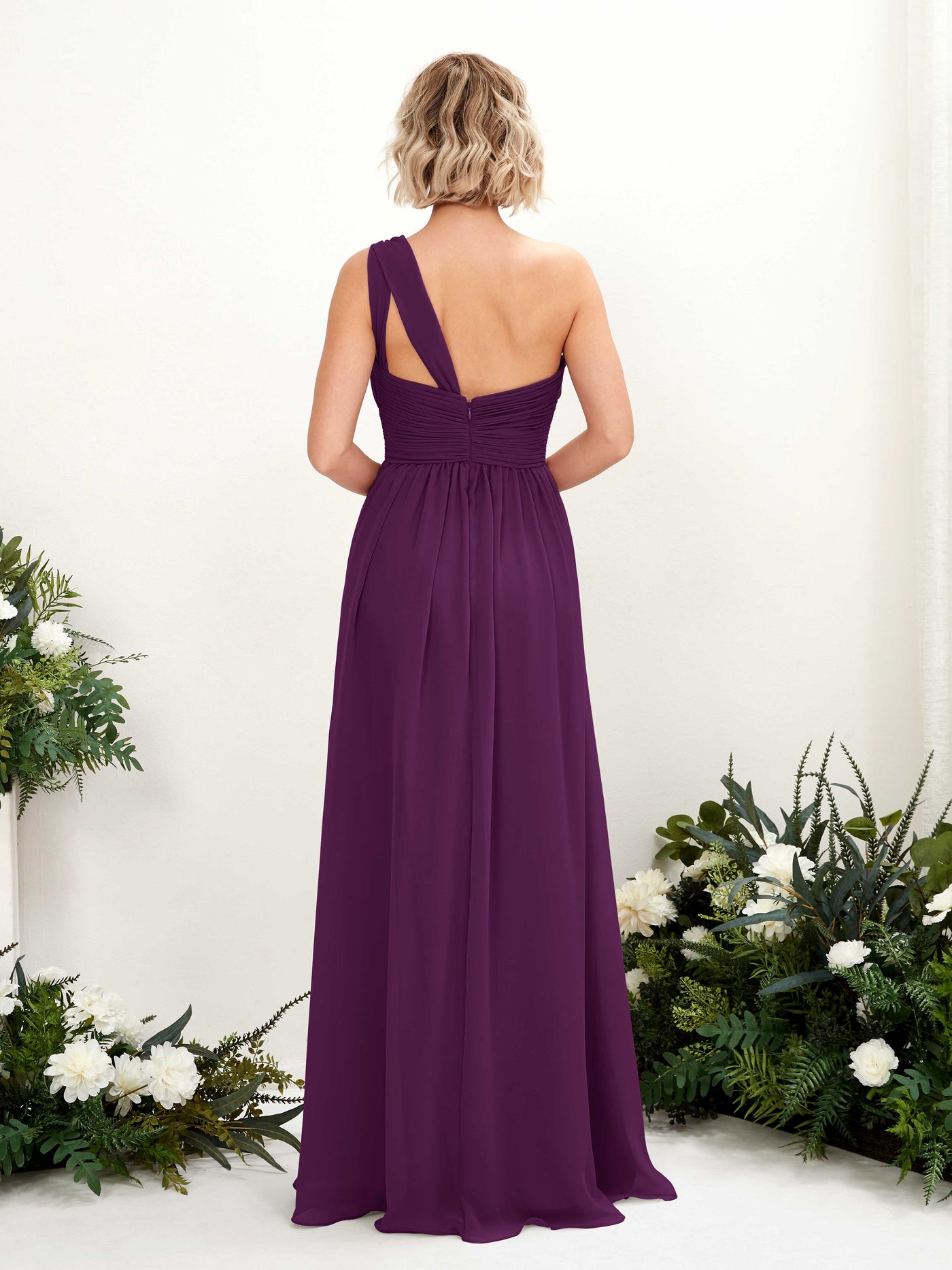 Carlyna A-Linie Geraffte One-Shoulder Chiffon Bodenlanges Brautjungfernkleid Traube #farbe_traube