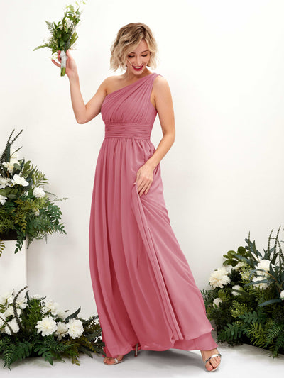 Carlyna A-Linie Geraffte One-Shoulder Chiffon Bodenlanges Brautjungfernkleid Wüstenrose #farbe_w-stenrose