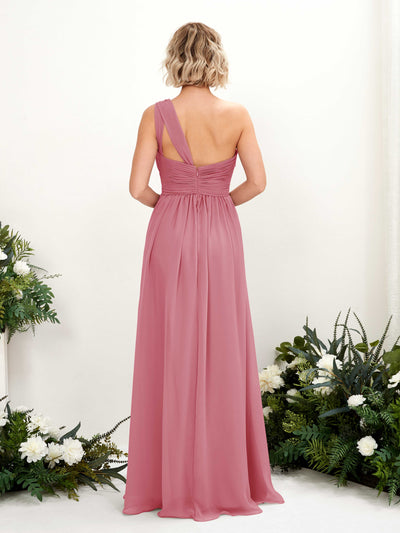 Carlyna A-Linie Geraffte One-Shoulder Chiffon Bodenlanges Brautjungfernkleid Wüstenrose #farbe_w-stenrose